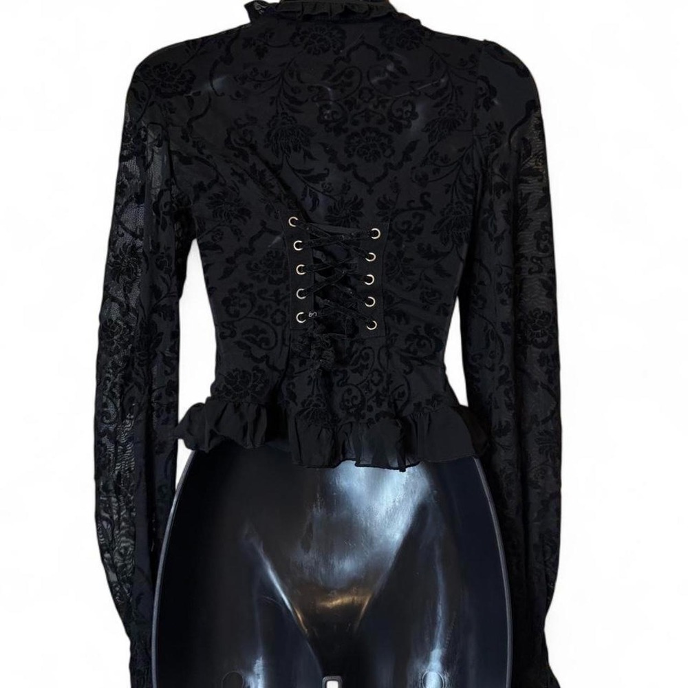 Vintage Y2K Whimsigoth Black Devore Burnout Velvet Lace Up Corset Ruffle Blouse - Picture 3 of 6